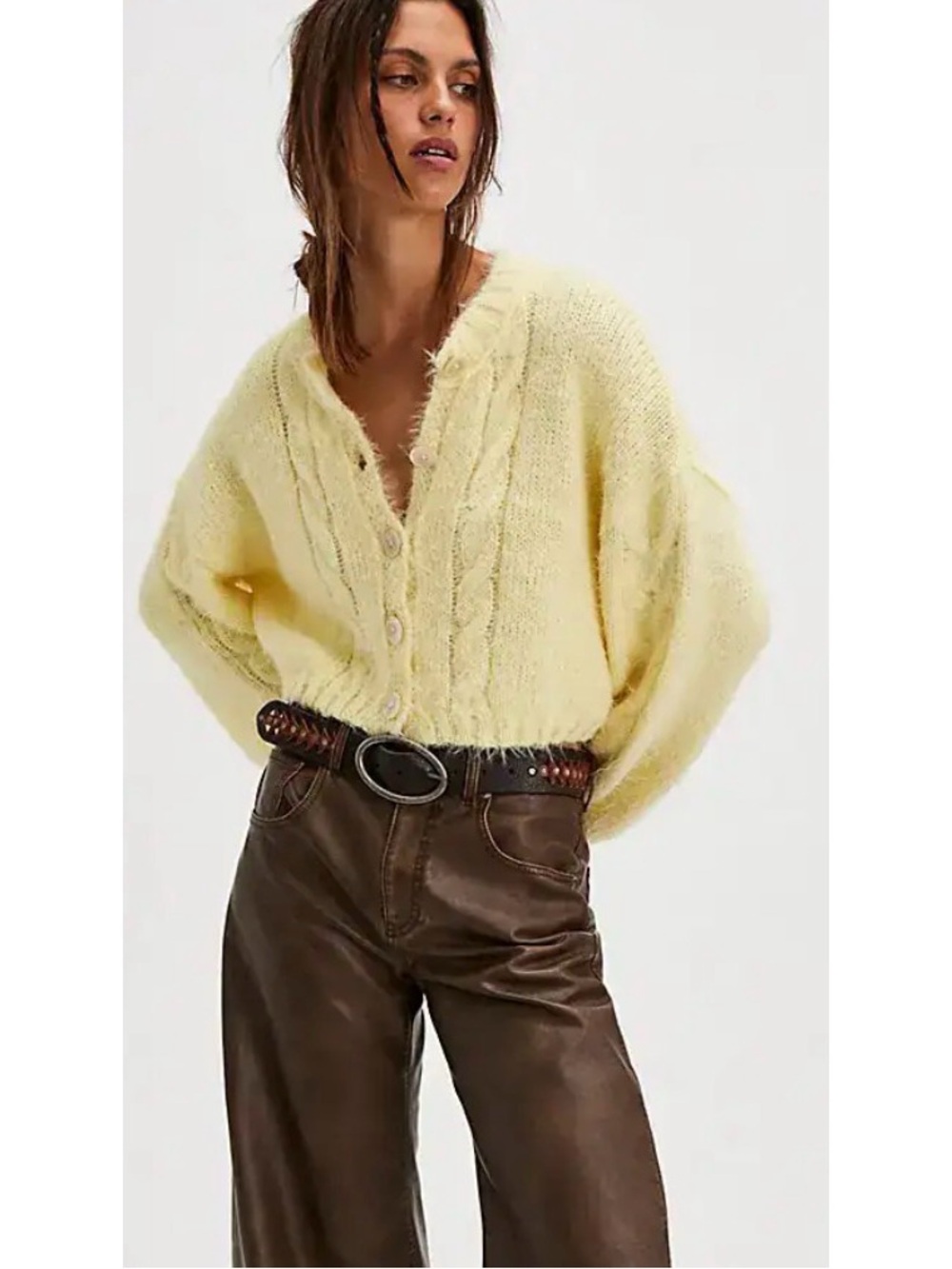 Feminine Pale Yellow Cable-Knit Button Cardigan Sweater